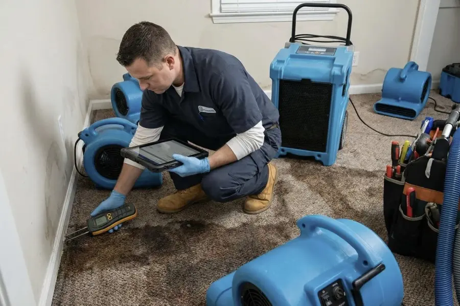 Tech logging moisture readings on a wet carpet among air movers and a dehumidifier