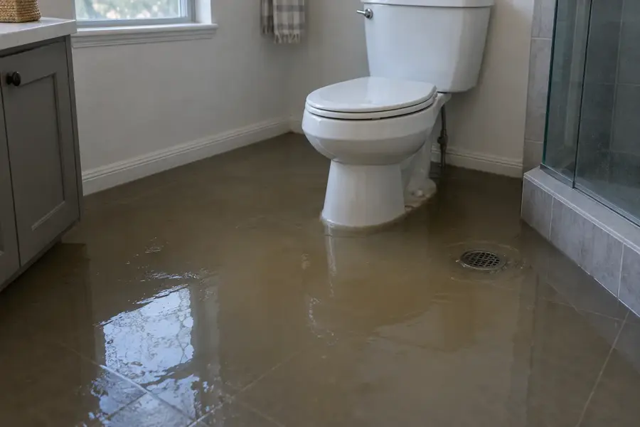 Sewage water covering a bathroom floor around the toilet and floor drain in Mission Viejo